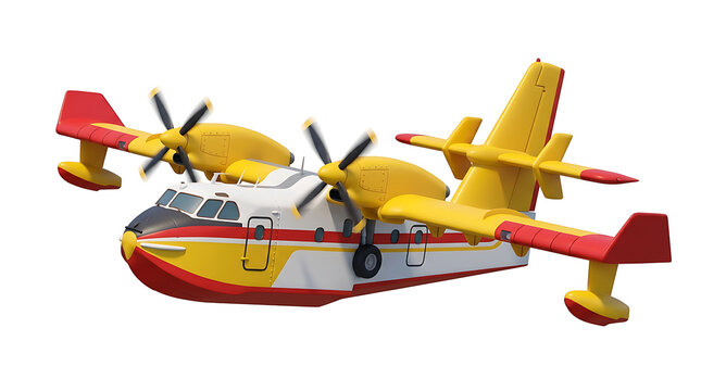 A vibrant yellow and red seaplane, likely a firefighting aircraft, with two propellers on each wing, isolated on a white background.
