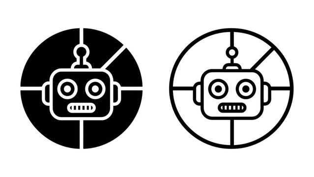 Robot Icon: A simple and modern icon featuring a stylized robot head within a circular target, presented in both black and white outline versions.