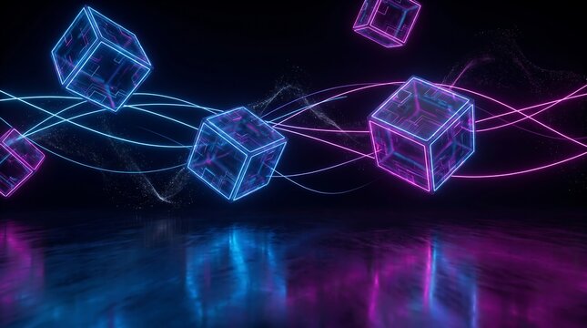 Abstract neon glowing cubes floating in dark space with vibrant blue and purple light trails and reflective floor surface below