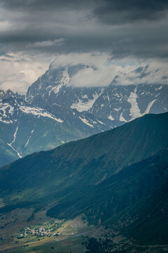 Svan village  with Mount Ushba (4710 meters) in the background, Upper Svaneti, Caucasus mountain range, Georgia