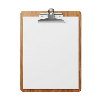 Wooden clipboard with blank white paper sheet isolated on transparent background