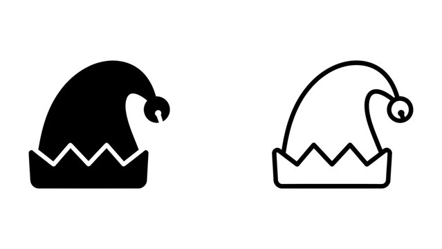 Elf Hat Icon: A stylized icon featuring a classic elf hat with a pointed cap and a pom-pom, presented in both solid black and outline variations, perfect for festive designs.