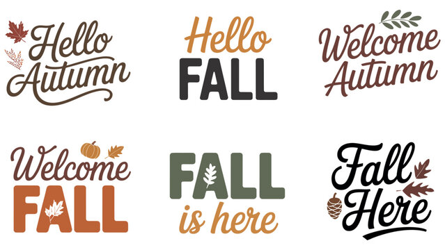 Autumn lettering set, 6 fall quotes vector, hello autumn seasonal typography Editable Vector