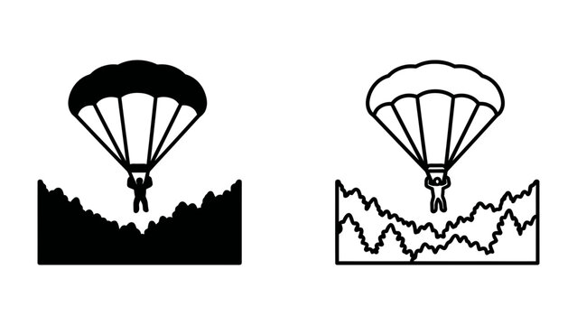 Skydiving Adventure: Two striking illustrations depict a skydiver descending from the sky onto a rugged landscape, one in bold silhouette and the other with intricate line art.