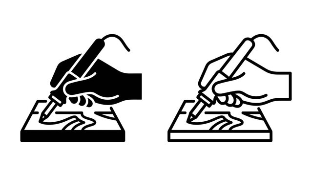 Pyrography Art Creation: A hand holding a pyrography pen, creating intricate designs on a wooden surface. Two graphic styles, one solid black and the other outlined, showcase the art of wood burning.