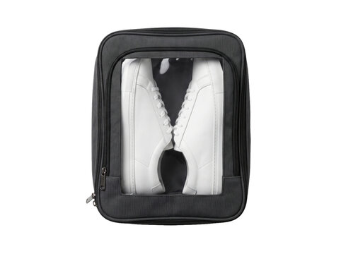 Black shoe storage bag with clear window. Travel organizer case for footwear isolated.