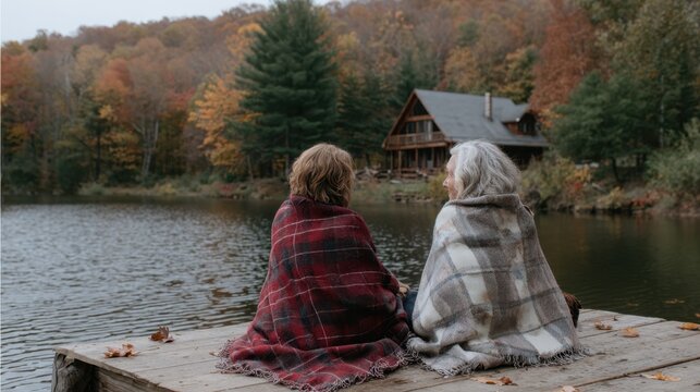 Elderly friends enjoy autumn lake view wrapped in warm blankets
