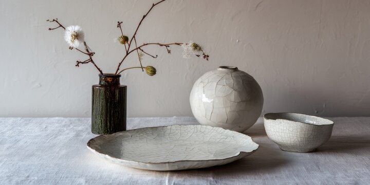 Minimalist ceramic set with crackled glaze and rustic floral arrangement
