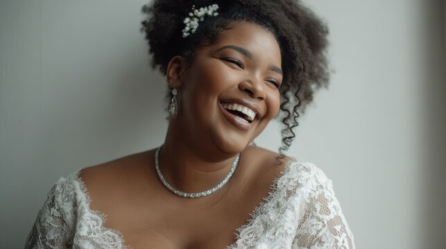 Joyful african female bride smiling in elegant lace wedding dress