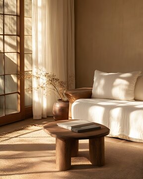 Warm Japandi living room with cream sofa, natural wood coffee table and golden sunlight, creating a cozy minimalist home interior with serene organic textures