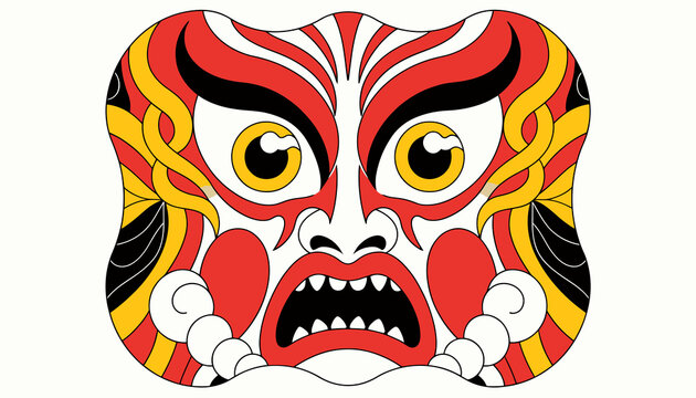 Intense Japanese Kabuki Theatre Mask with Red, Yellow, and Black - Dramatic Expression