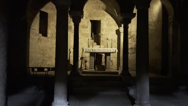 Blurry view of crypt and altar in Nepi Duomo, Italy