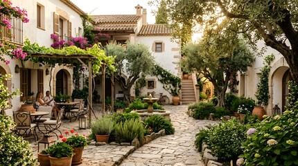 Fototapeta premium Charming Mediterranean Courtyard with Lush Greenery and Seating Area.
