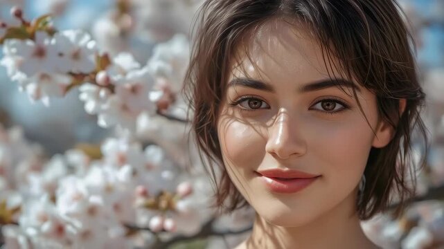 Smiling young woman portrait with floral cherry blossom background, soft light face, female closeup