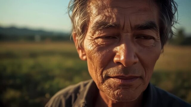 Adult male portrait of mature man in field at sunset with serious expression, outdoor close up face