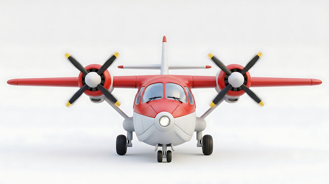 A cartoon-style red and white twin-engine propeller airplane with landing gear, viewed from the front on a white background.