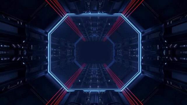 Futuristic Neon Tunnel Blue Red Light Dark Sci Fi Corridor Glowing Octagon Frame