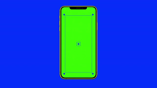 Realistic matte yellow phone frame scales onto the screen rotates from landscape to portrait. Smartphone mock up concept graphic template. 4k chroma key ready. Track points