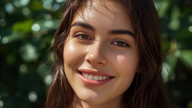 Smiling young woman portrait with natural light and green background, smiling young woman portrait