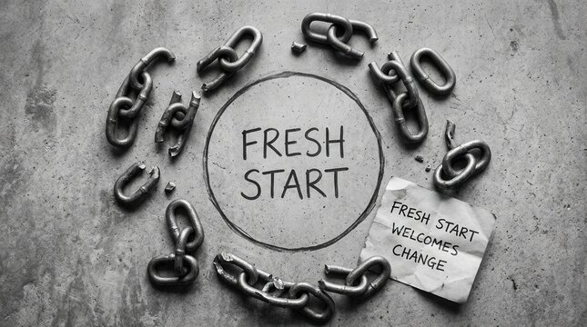 Broken metal chains lying around a hand drawn circle with text fresh start and a small paper note about welcoming change on a concrete surface, representing liberation and new beginnings for everyone.