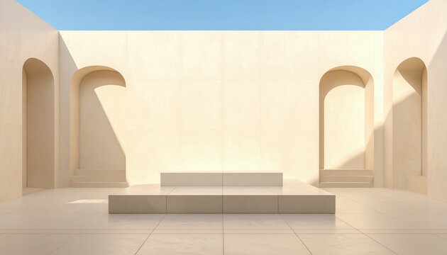 Minimalist architectural scene with arches, steps, and a podium under a clear blue sky
