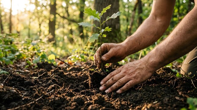 Hands planting a small tree sapling in rich soil, forest background with sunlight.