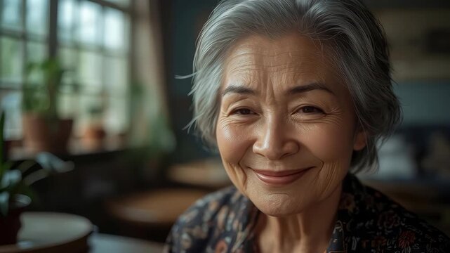 Senior woman portrait smiling at home interior in cozy room with soft natural light