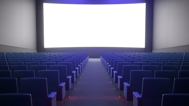 Empty theater auditorium with rows of blue seats facing a large blank white screen