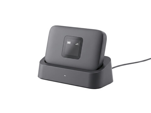 Wireless charging dock with device. Modern smartphone charger isolated on white background.