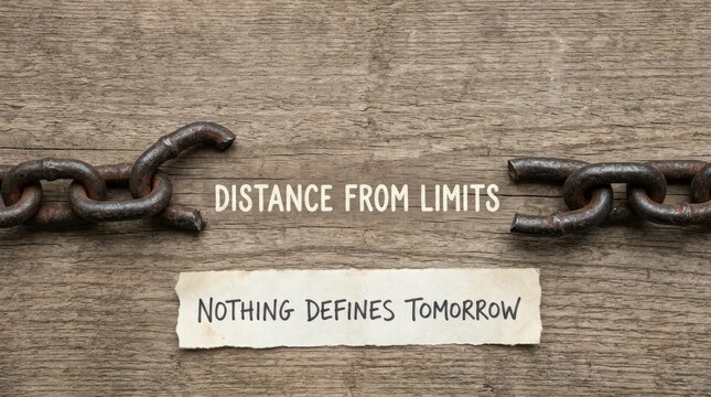 Broken rusty metal chain links on a rustic wooden background representing freedom and overcoming challenges with motivational text distance from limits and nothing defines tomorrow for inspiration top