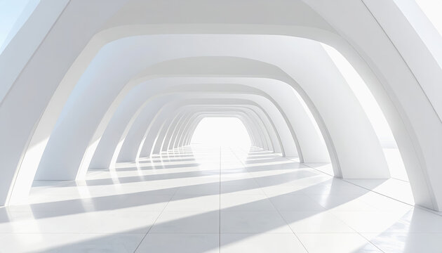 Modern white architectural tunnel with archways and sunlight casting shadows on the floor