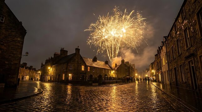 Fireworks exploding over a historic cobblestone city street.