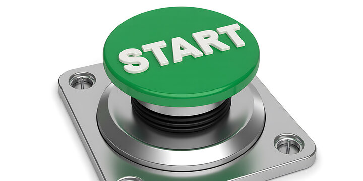 Green circular push button with the word START in white 3D letters on a metallic base