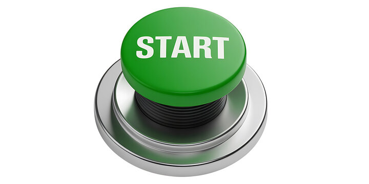 Green start button with white text on a silver base with ribbed detail and white background