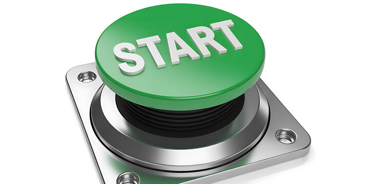 Green start button with white text on a silver metallic base with screws green button