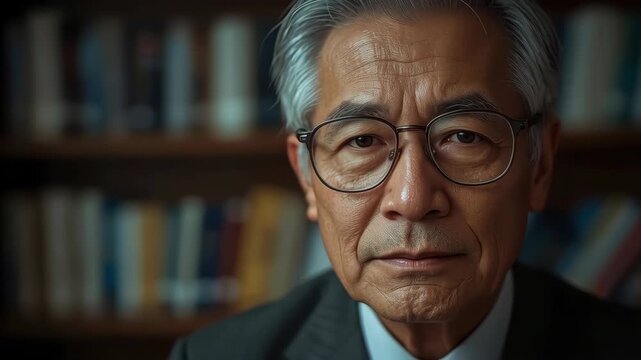 Elderly asian man portrait serious face in library with eyeglasses bookcase background
