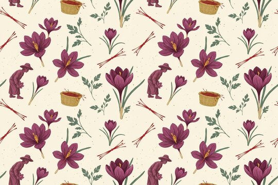 Seamless pattern featuring purple saffron crocus flowers, farmers in hats, wicker baskets, and red spice threads on a light beige background theme