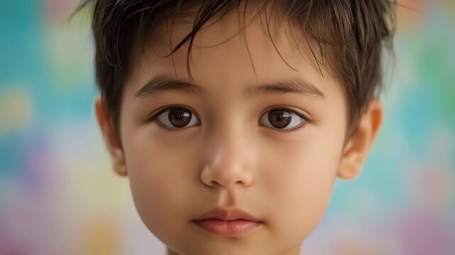 Calm child portrait close up with soft light and pastel background