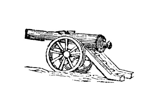 Cannon with wooden wheels and heavy barrel, old vintage illustration, 1897.