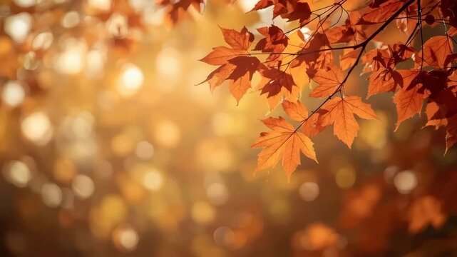 Autumn maple leaf branch in warm golden sunlight with soft bokeh and orange tone