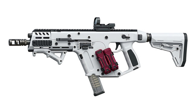Modern submachine gun in white and black finish with red modular attachments on white background