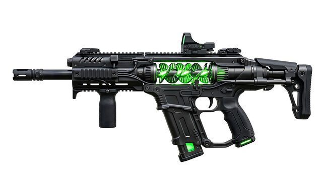 Futuristic assault rifle with glowing green energy core and advanced modular components design