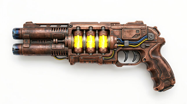 Futuristic Sci-Fi Copper Blaster Gun with Glowing Yellow Energy Cores on Isolated Background