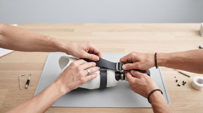 Two skilled hands fasten a strap to a modern prosthetic limb. The scene unfolds in a neat workshop, filled with tools and creativity.