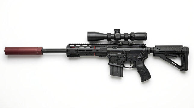 Modern black tactical rifle with a red suppressor and scope isolated on a white background