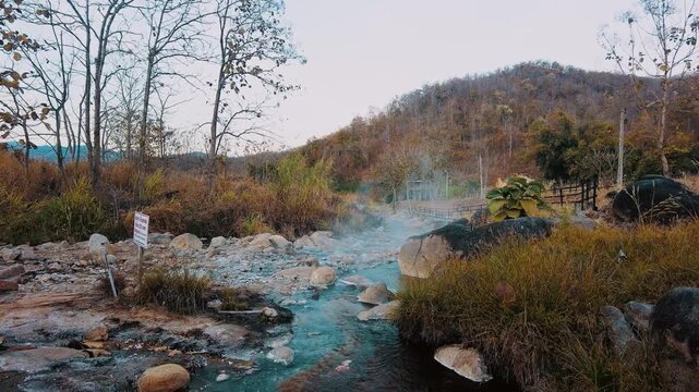 hotspring boiling river water source muang rae hotspring in pai thailand camera jib