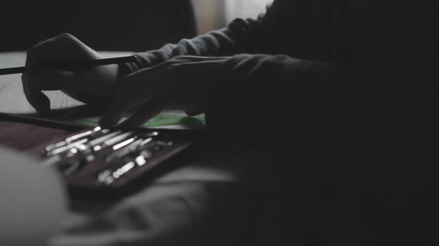 A side profile captures a focused designer drafting plans in deep shadow, evoking a sense of intense isolation, late-night research, or dramatic creation.