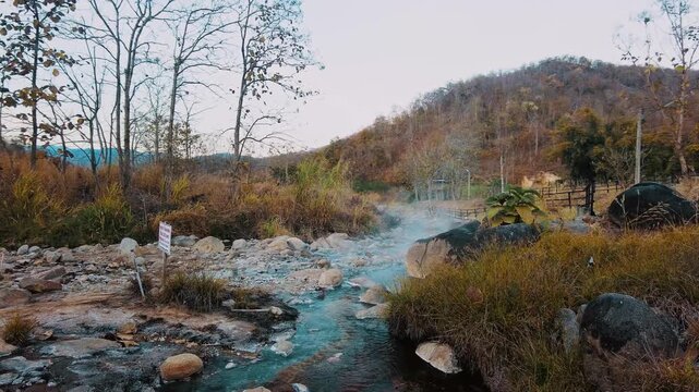 warning sign in hot spring boiling river source muang rae hotspring in pai Thailand