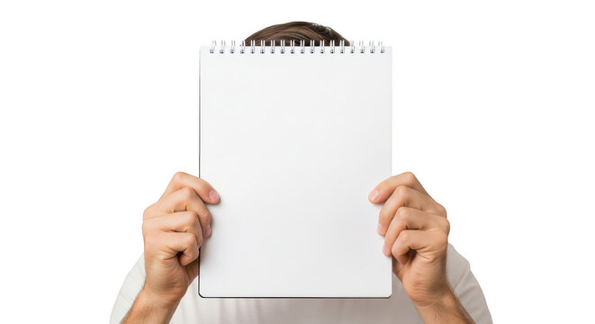 Man holding a blank paper sheet in front of his face isolated on transparent background