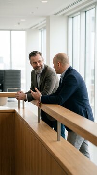 Two mature businessmen talking on sunlit office terrace during work break
